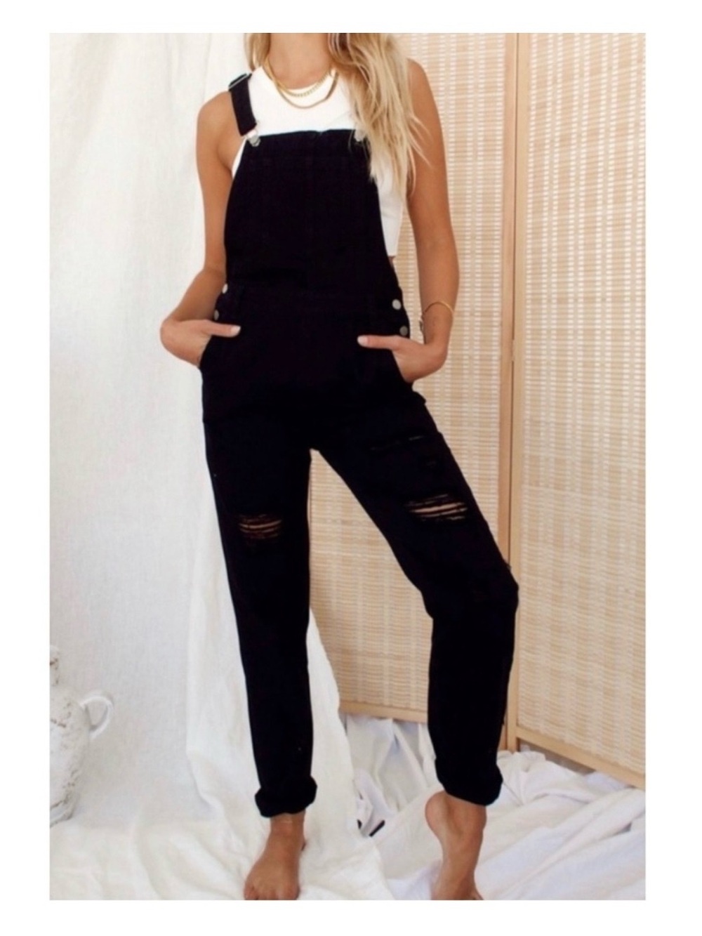 12th Tribe | Black Distressed Overalls